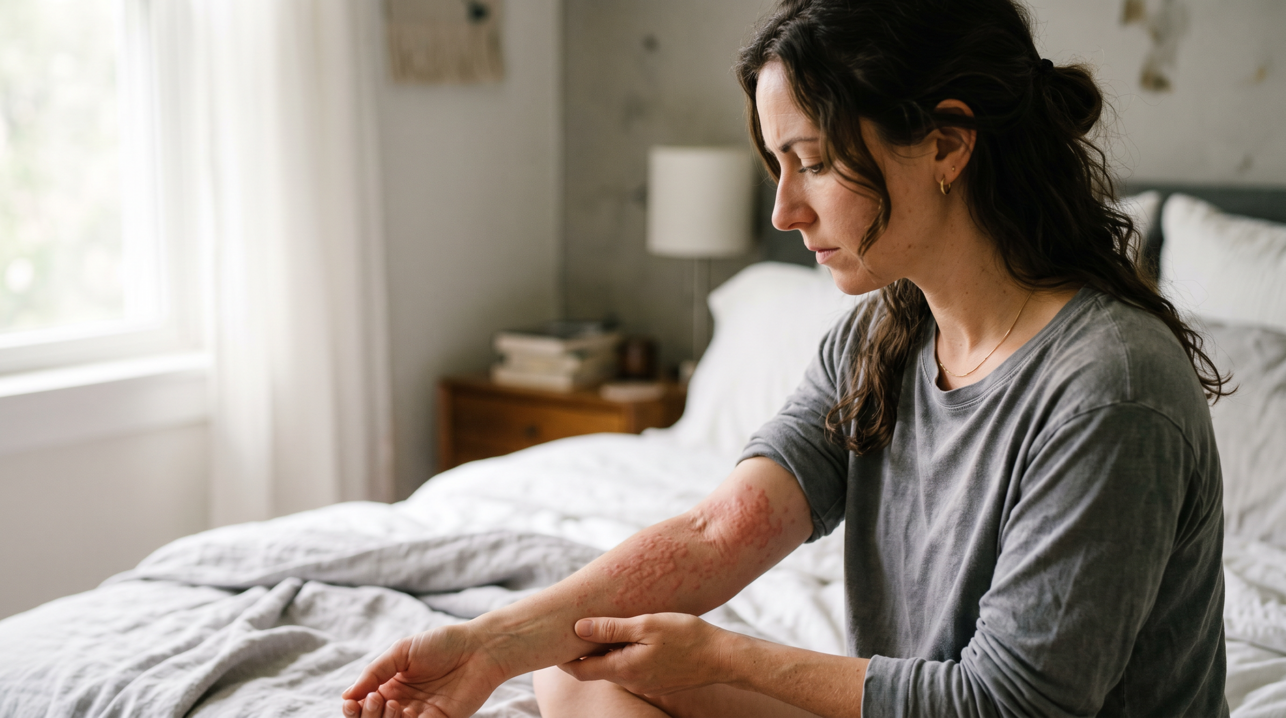 alfa-gal syndrom — žena si v noci prohlíží svědivou kopřivku na svém předloktí