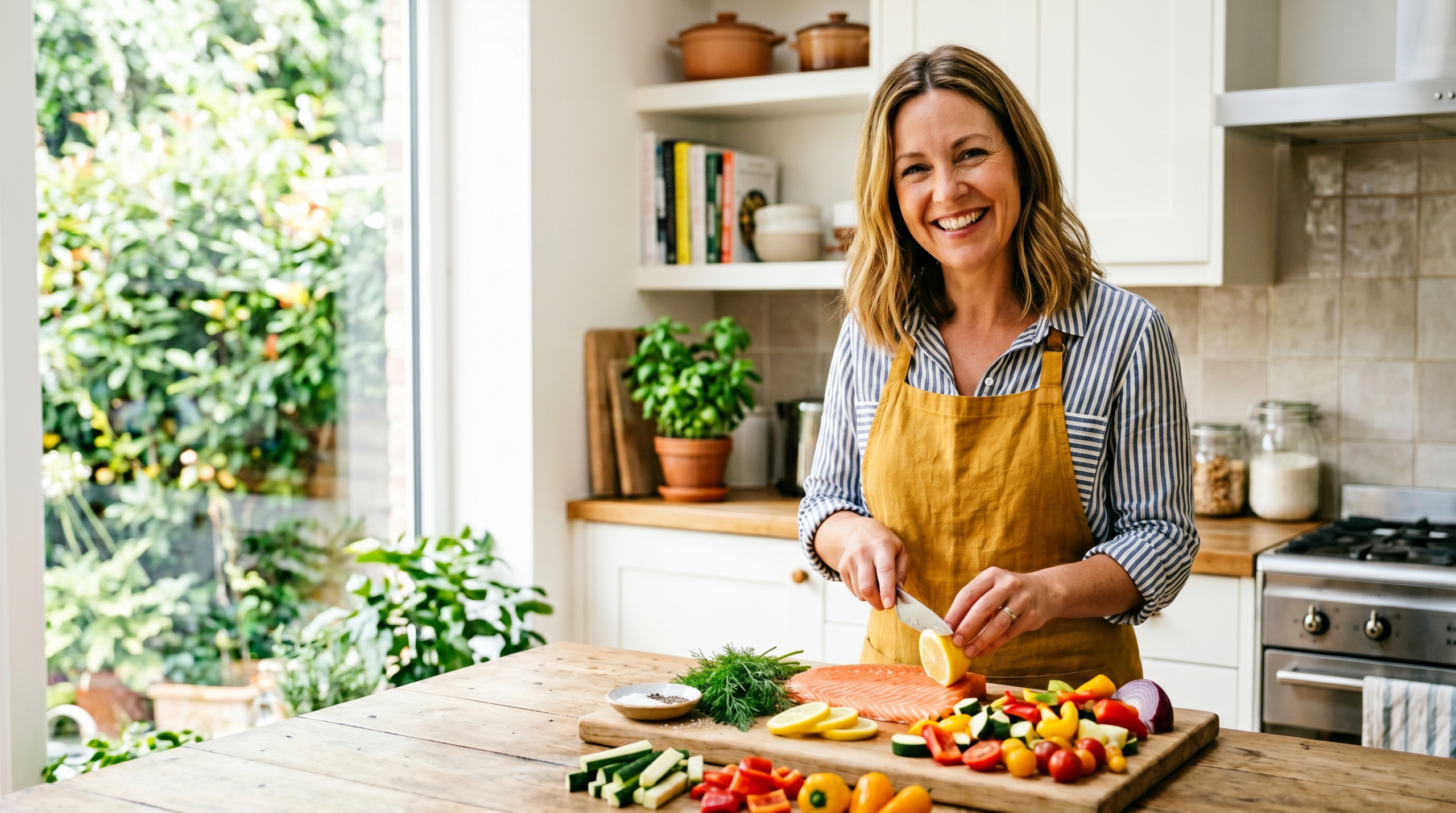 alfa-gal syndrom — žena připravuje zdravé jídlo z ryby a zeleniny jako součást diety