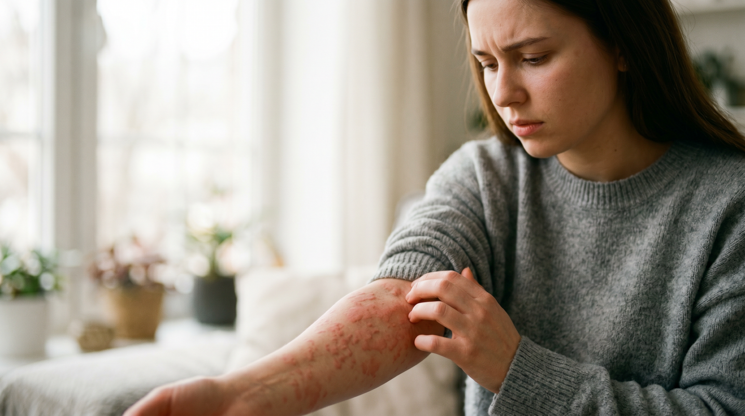 anafylaxe — žena si kontroluje rozvíjející se kopřivku na předloktí jako jeden z příznaků anafylaxe