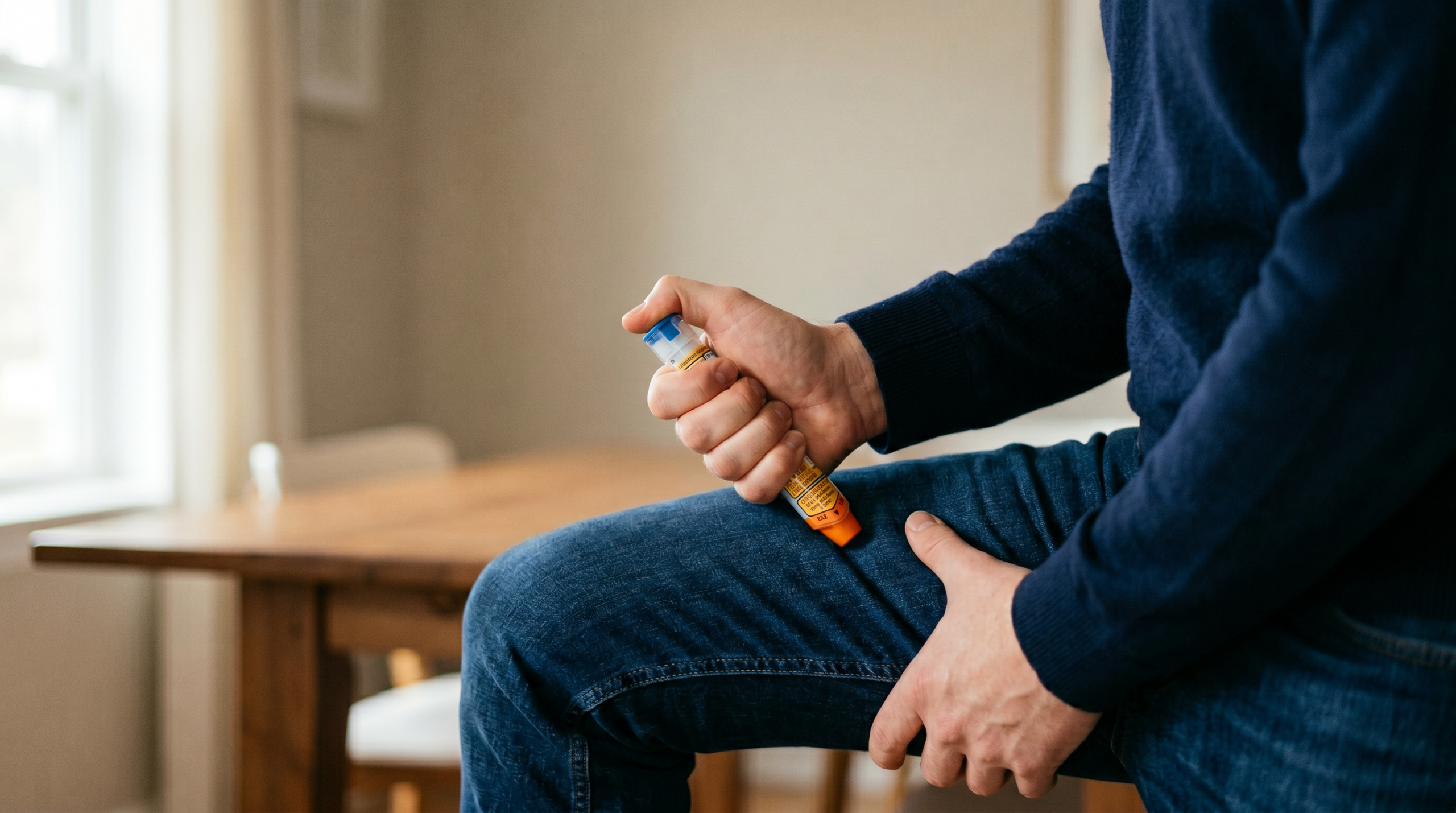 anafylaxe — správná aplikace adrenalinového autoinjektoru do vnějšího stehenního svalu během anafylaxe