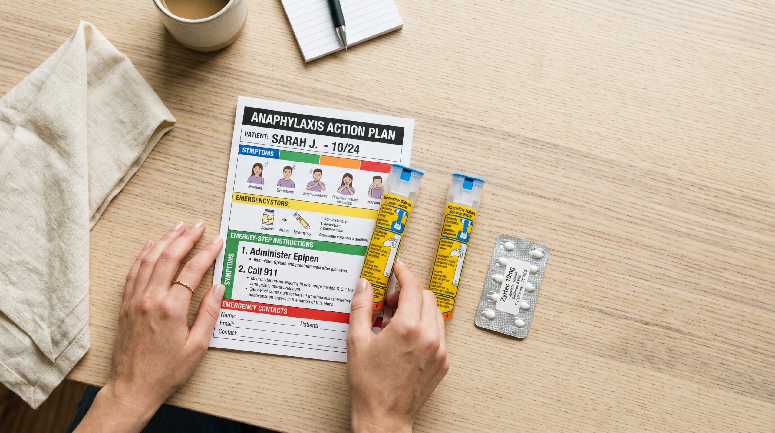 anafylaxe — příprava pohotovostního balíčku pro alergika s akčním plánem a dvěma autoinjektory