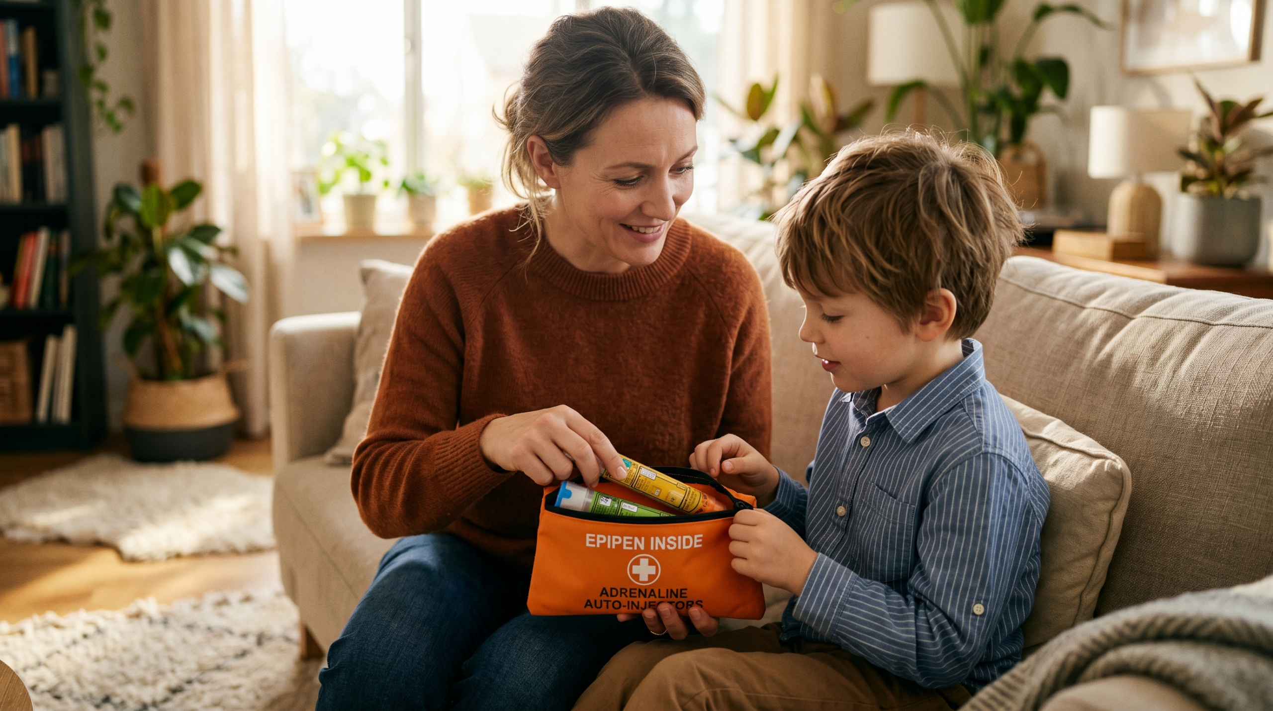 anafylaxe — matka ukazuje svému dítěti pohotovostní balíček s adrenalinovým perem pro případ anafylaxe