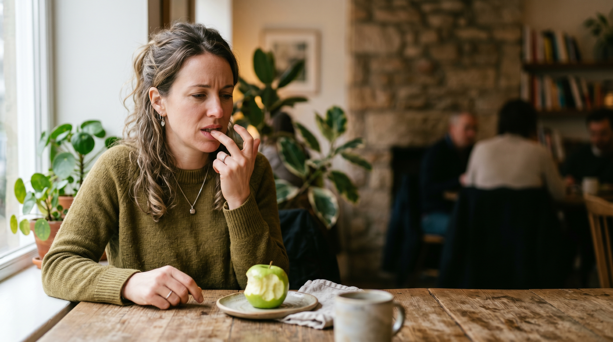 Křížová alergie — žena pociťující brnění rtu po snědení jablka, projev orálního alergického syndromu.