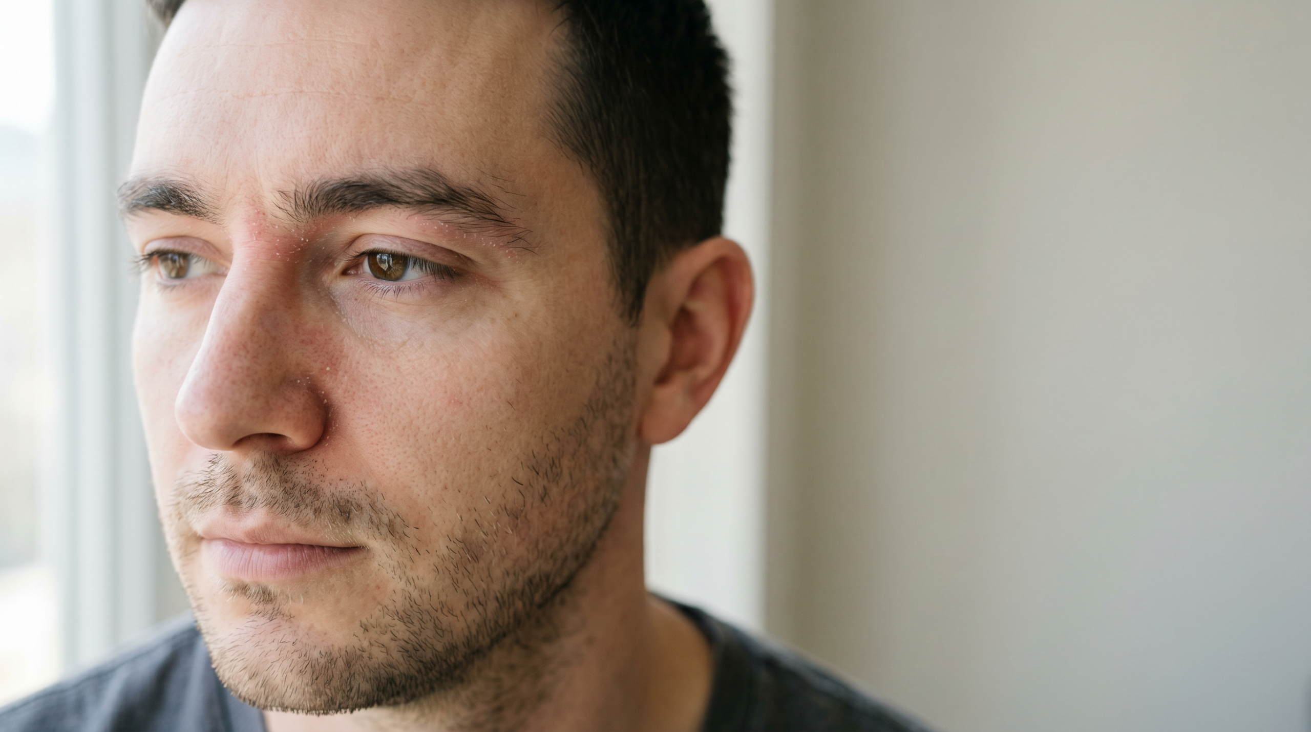 Seboroický ekzém — detail zarudlé a olupující se pokožky v obočí a u nosu muže.