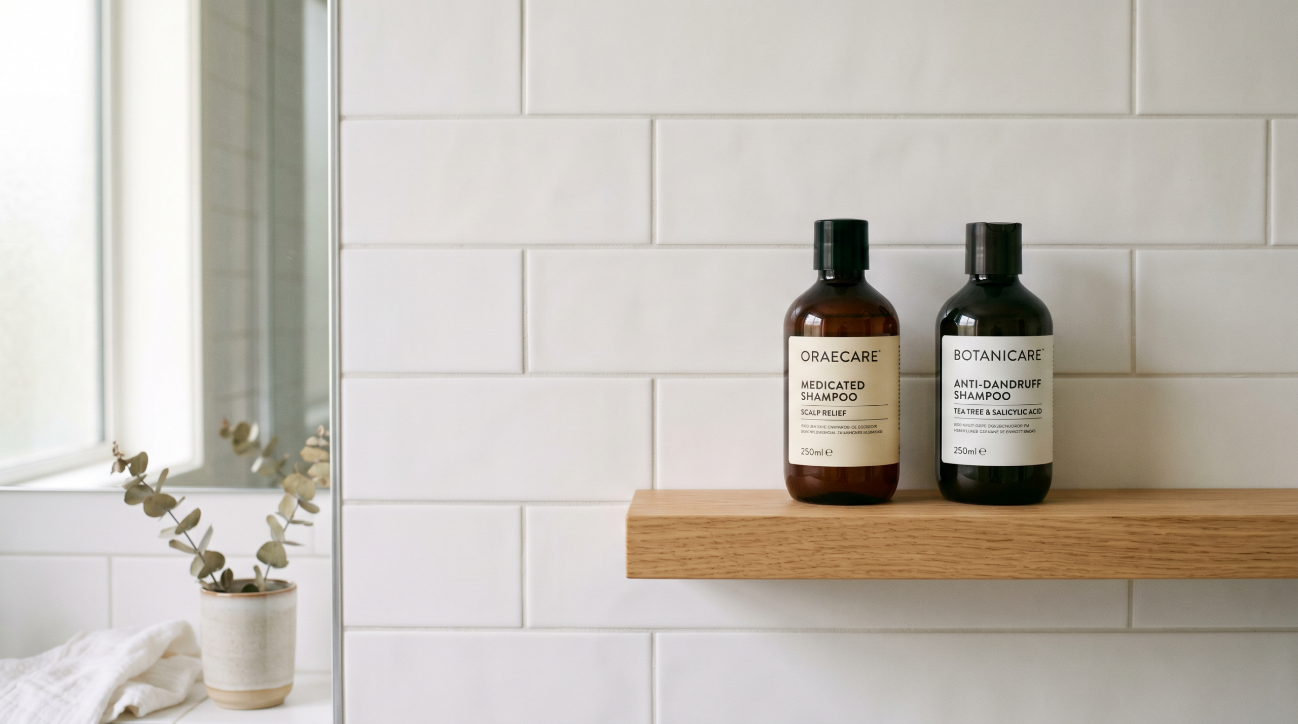 Seboroický ekzém — léčebné šampony s ketokonazolem a dalšími účinnými látkami v koupelně.