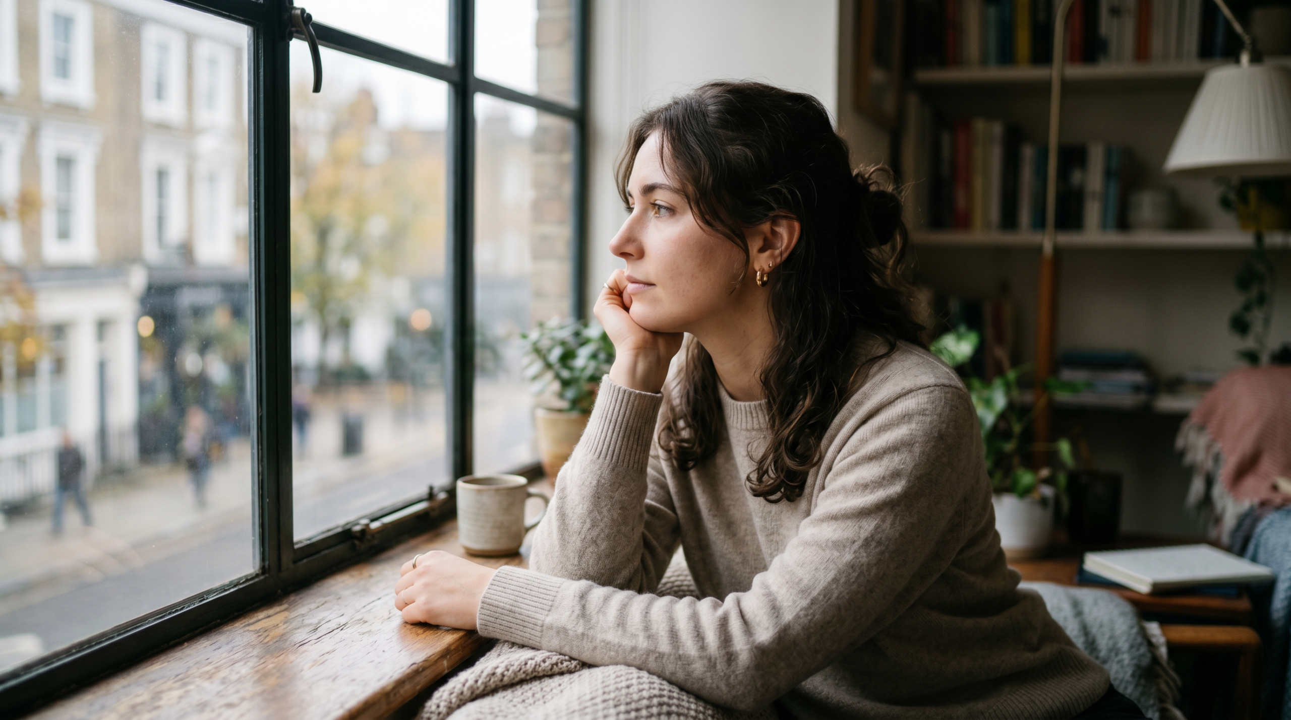 Seboroický ekzém — zamyšlená žena u okna, symbolizující dopad kožního onemocnění na psychiku.