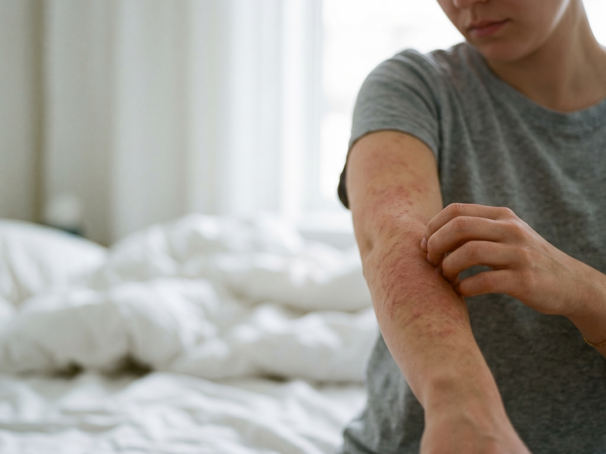 štípance od roztočů — alergická vyrážka na předloktí