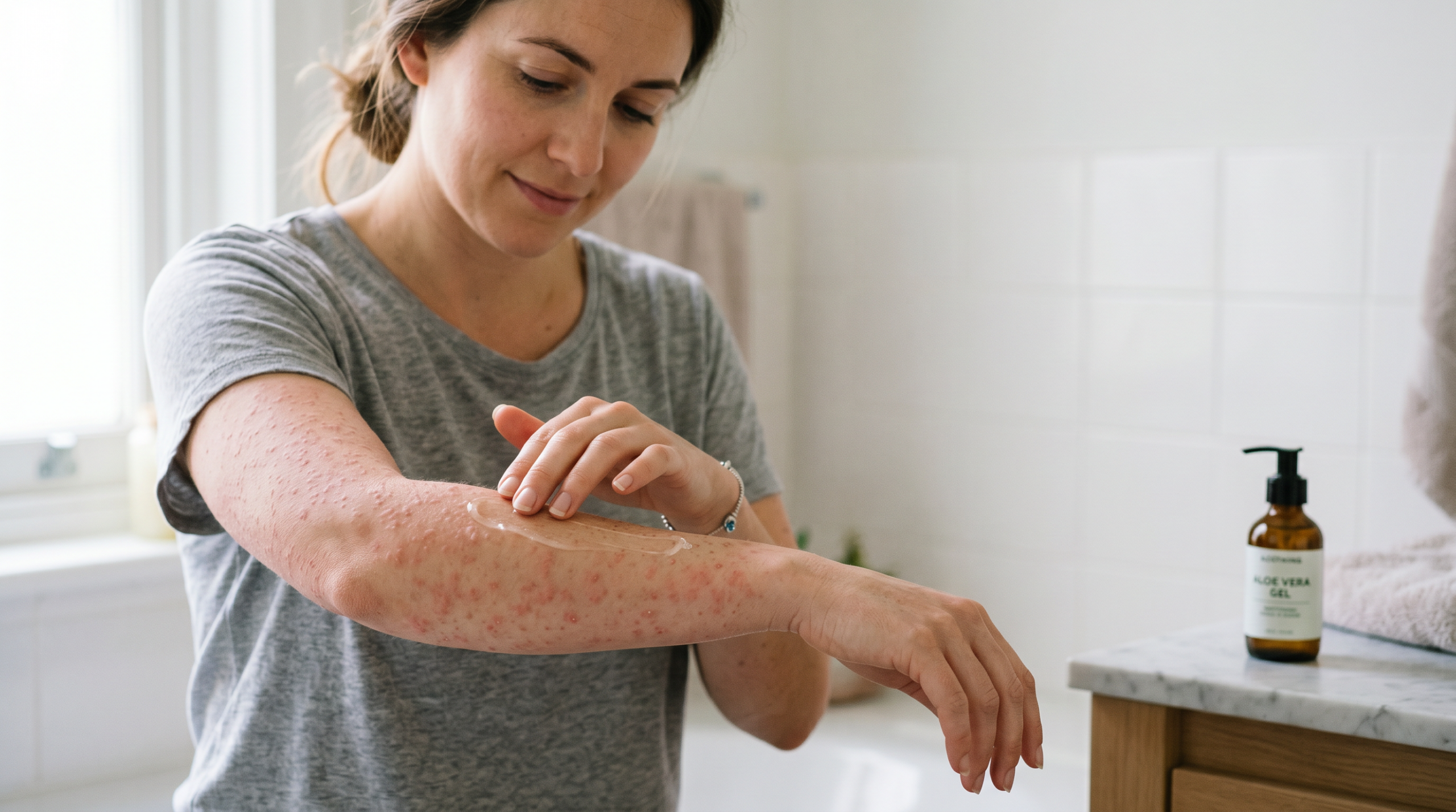 Jak se zbavit alergie na slunce — žena si na paži s vyrážkou nanáší zklidňující gel s panthenolem. Jak se zbavit alergie na slunce — žena si na paži s vyrážkou nanáší zklidňující gel s panthenolem.